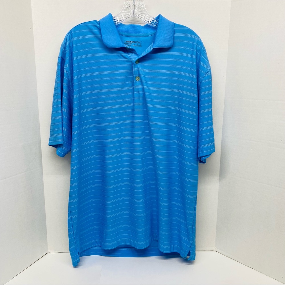 Nike Golf Fit Dry Blue Short Sleeve Striped Athletic Golf Polo Shirt Mens L